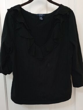 CHAPS Black Ruffle V-Neck Long Sleeve Cotton/Lycra Top